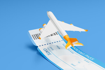 3D rendering of an airplane on a boarding pass ticket, symbolizing air travel and tourism concept....