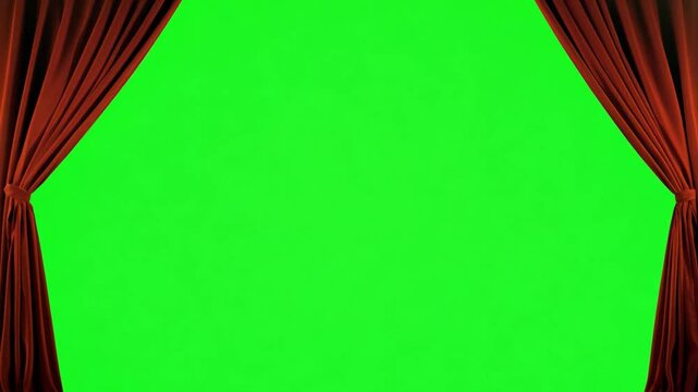 Curtain Call on a Green Screen: A vibrant red curtain frames a blank, bright green backdrop, ready for your creative content.