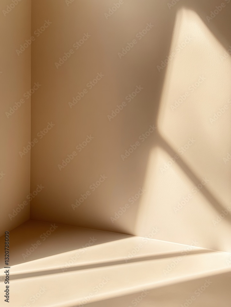 Aufkleber Minimalist Corner Scene with Sunlight Shadow on Beige Wall and Floor Creating a Subtle Atmosphere