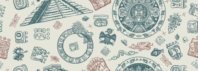 Mayan pattern. Ancient mexican civilization, pyramids. Golden glyphs. Aztec Mayan calendar, inca background