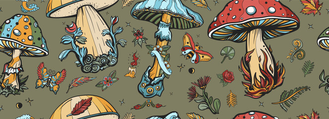 Mushrooms background. Fly agaric. Autumn forest. Old school tattoo vector seamless pattern