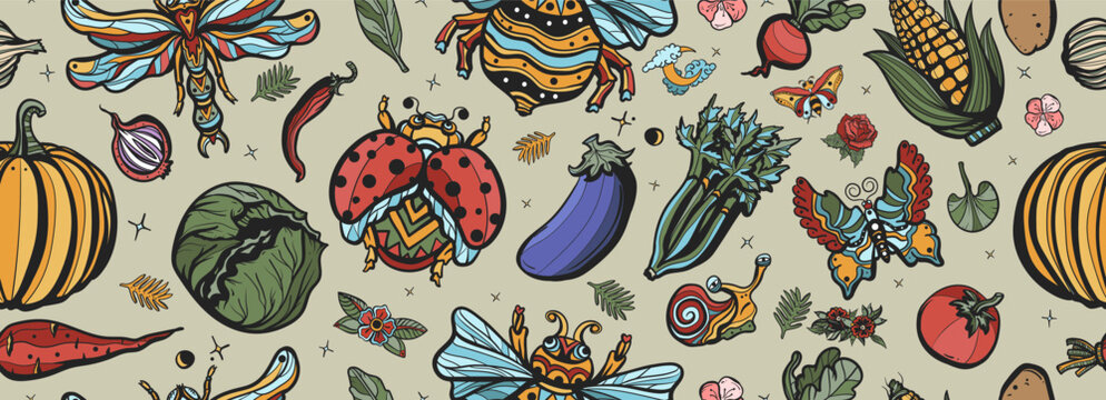 Insect and vegetables. Art background
