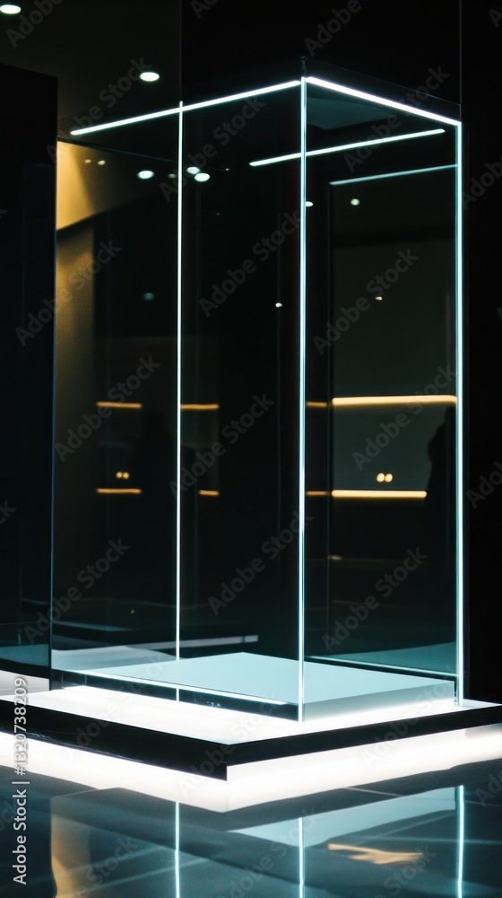 Poster Abstract modern architecture with glowing glass and dark ambient lighting creating an intriguing visual