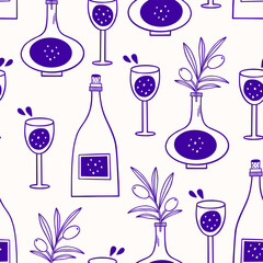 Seamless pattern with bottle, olive branch, wine bottle and glasses.