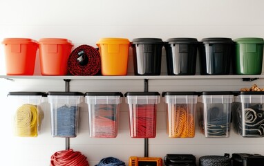 Organized Colorful Plastic Storage Containers on Wall Shelf