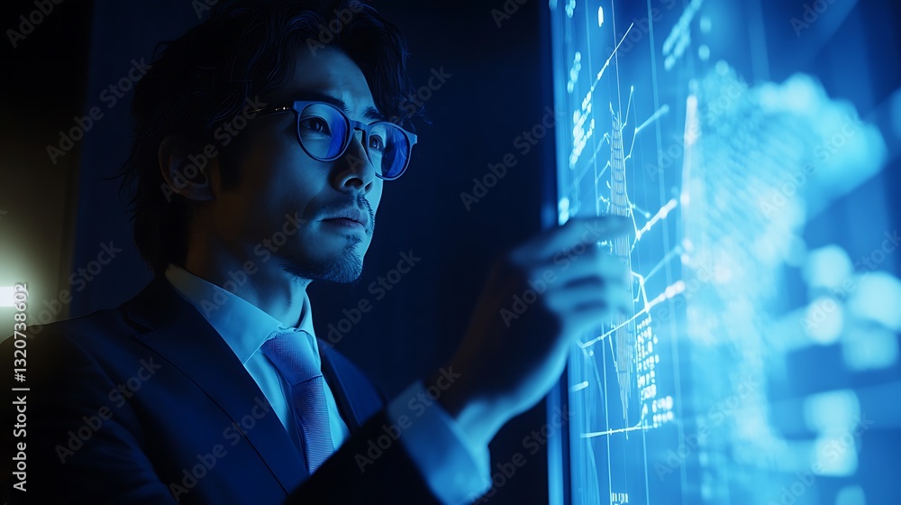Poster businessman analyzing data on interactive screen