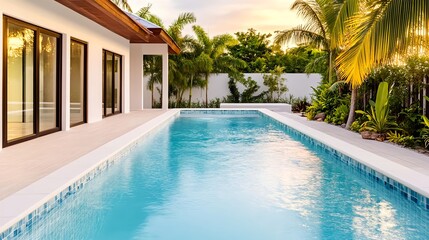 Fototapeta premium Tropical Poolside Villa Sunset Luxury - Luxury Travel and Escapes
