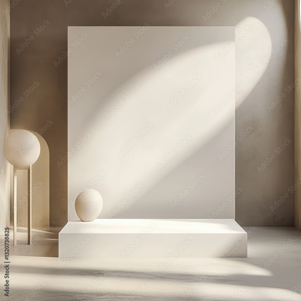 Poster Minimalist Beige Interior with Empty Display Platform Spherical Elements Casting Light and Shadows Neutral Background