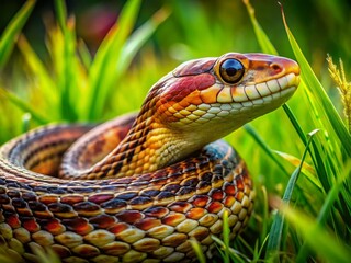 Obraz premium Big Blotched Snake (Elaphe sauromates) Defensive Posture in Grass - Long Exposure Photography