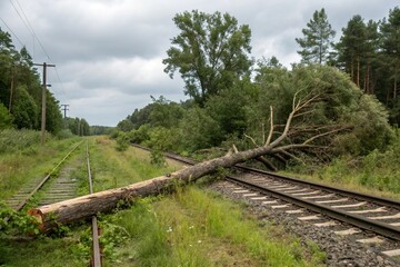 Fototapeta premium Fallen tree blocking railway track with stormy dark sky