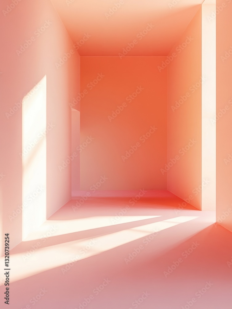 Poster minimalist architecture photography showcases an empty coral hued room bathed in soft light and shad