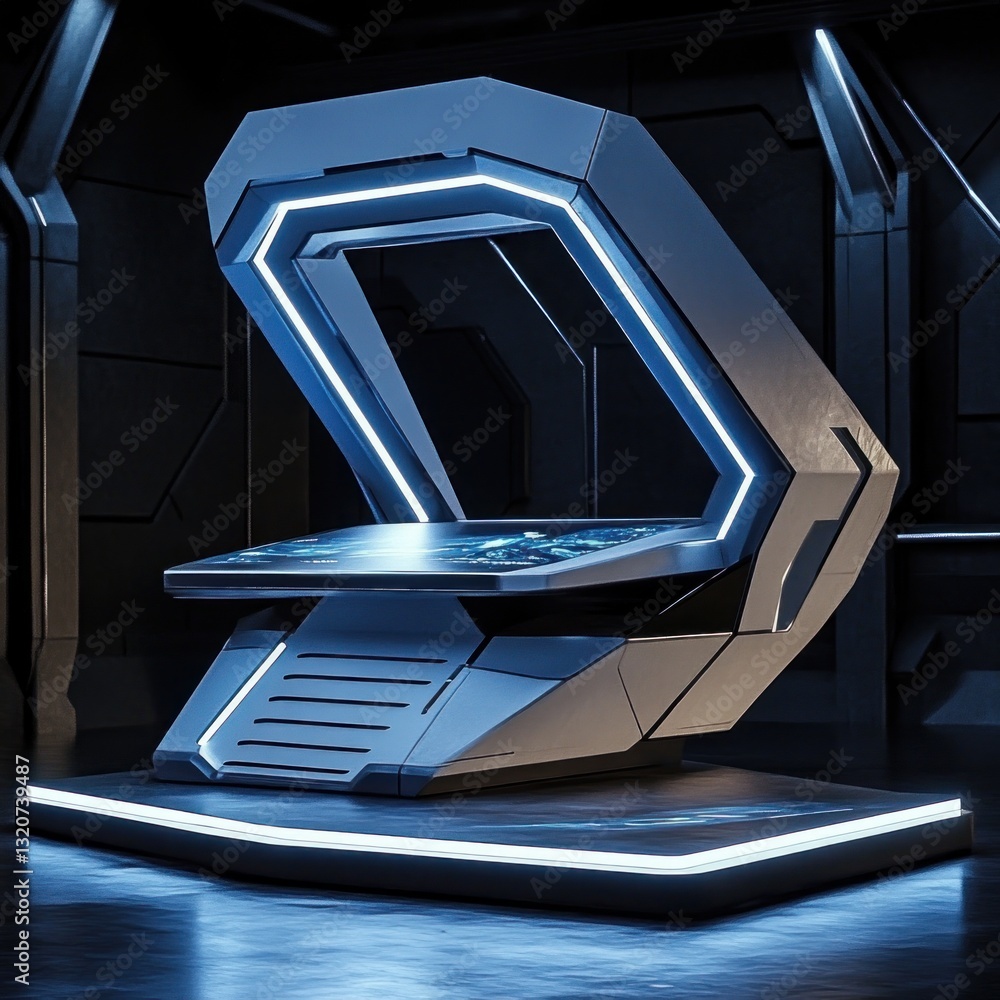 Aufkleber Futuristic Interface Pod Device in Dark Room Advanced Technology Immersive Experience Machine Render