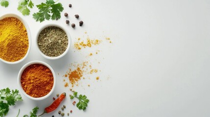 Aromatic spices, herbs, and chili pepper in bowls on white background