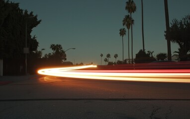 Curving Night Road with Warm Light Trails and Palm Trees