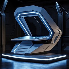 Futuristic Interface Pod Device in Dark Room Advanced Technology Immersive Experience Machine Render