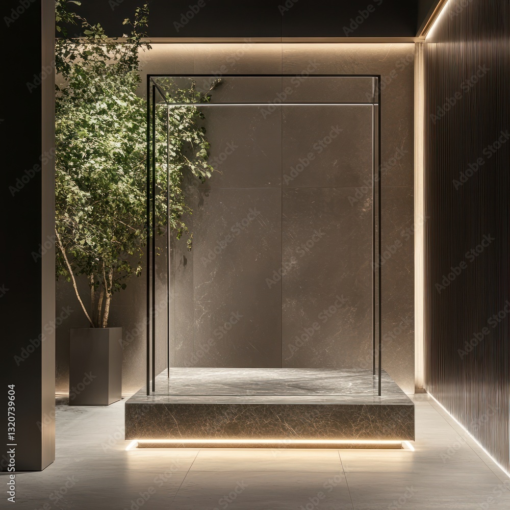 Aufkleber Elegant Minimalism Room Interior Design Featuring Subtle Marble Cube Structure and Greenery Display Ambient Atmosphere
