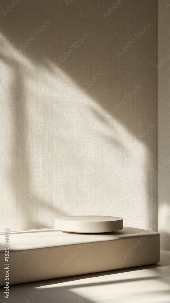 Poster minimalist pedestal display beige backdrop with leaf shadows for presentation of product and creativ
