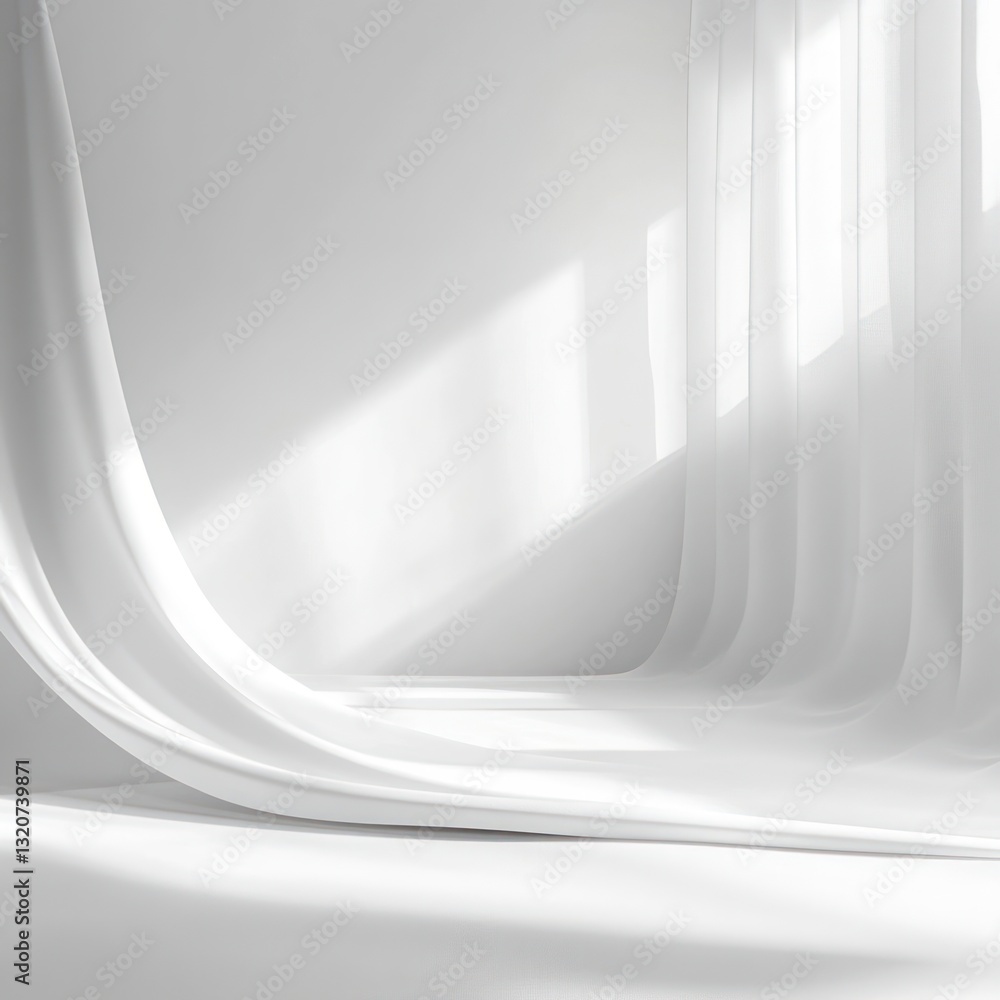 Poster minimalist studio background with white flowing silk fabric and soft light evoking purity and elegan