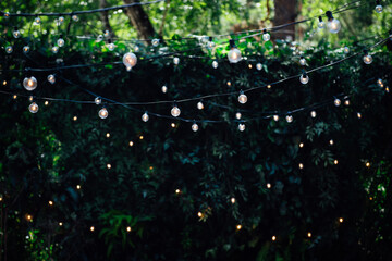 Blurred image of light bulbs outdoor on a wire against dusk forest, holiday concept. Outdoor decor, dark festive background with a copy space