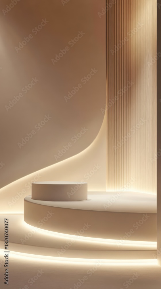 Poster minimalist showcase podium against a geometric beige background illuminating a product display stage