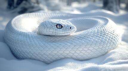 Fototapeta premium Mystical White Snake Coiled in Serene Snowy Landscape