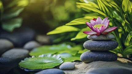 Fototapeta premium Zen garden featuring balanced stone stack, delicate pink lotus, verdant foliage representing peaceful meditation and spiritual harmony