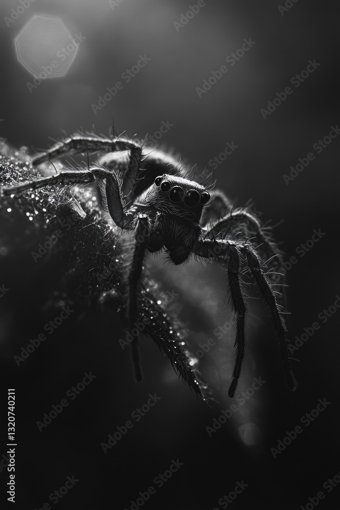 Poster A spider sits on top of a leaf covered in dew, adding to the morning's misty atmosphere