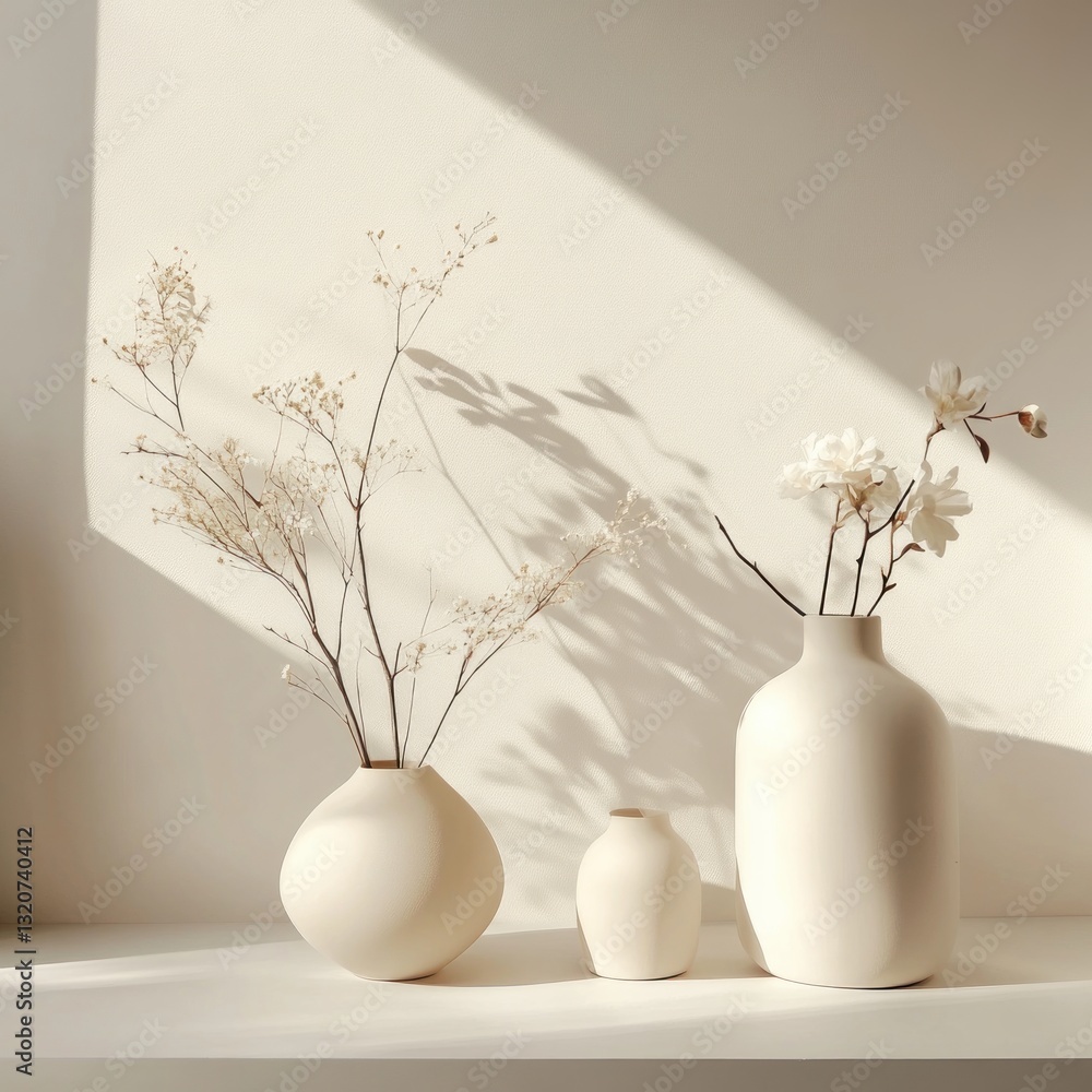 Poster Elegant composition of vases with delicate flowers on a shelf casting serene shadows in a minimalist interior