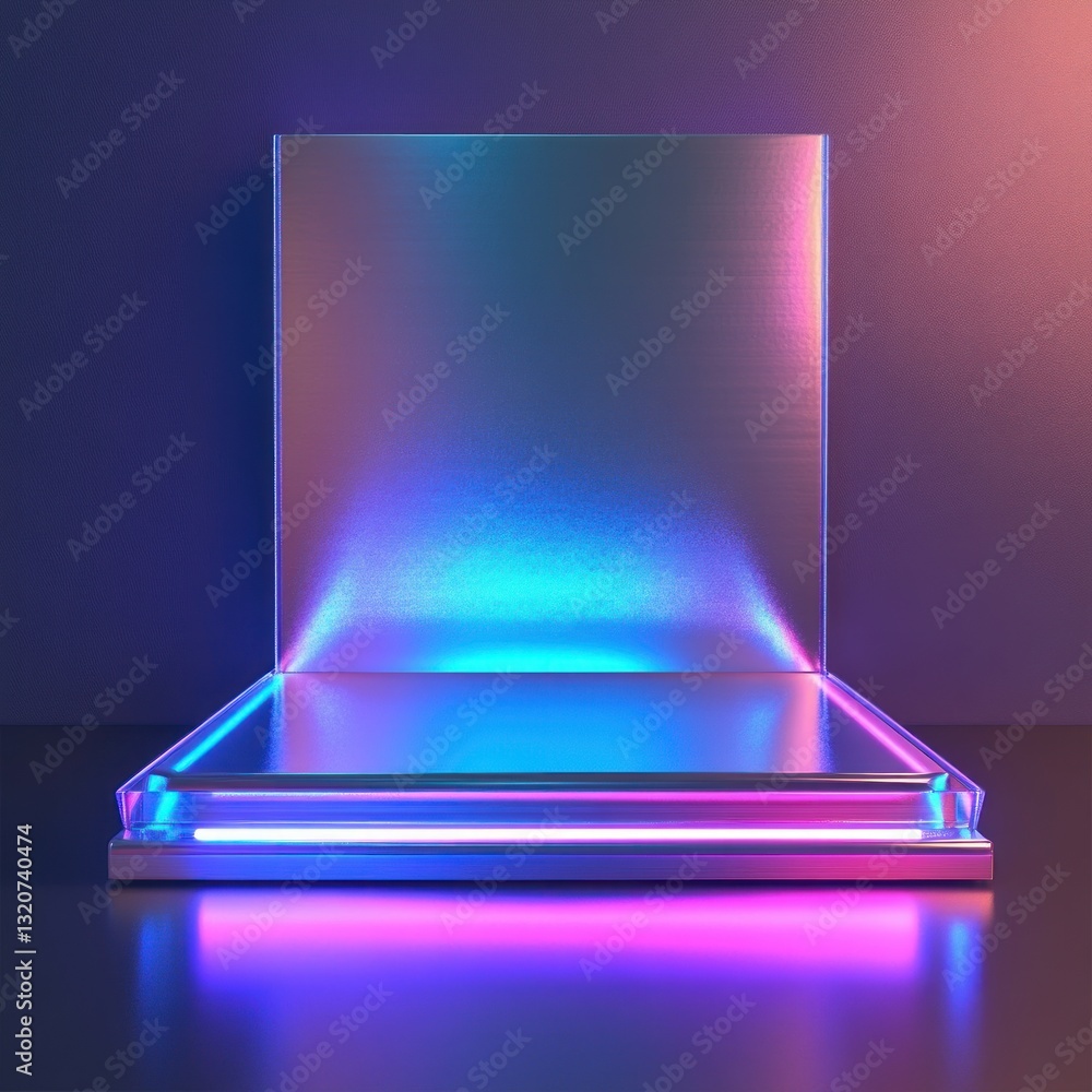 Poster luminous podium with modern iridescent glass panel against violet background highlighting chromatic 