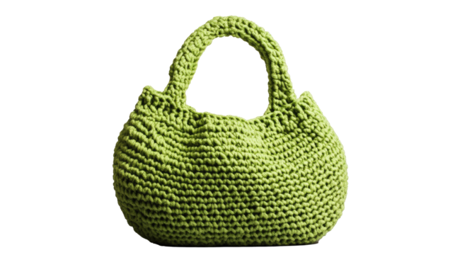 Green Crochet Tote Bag Handmade Knit Purse on White Background