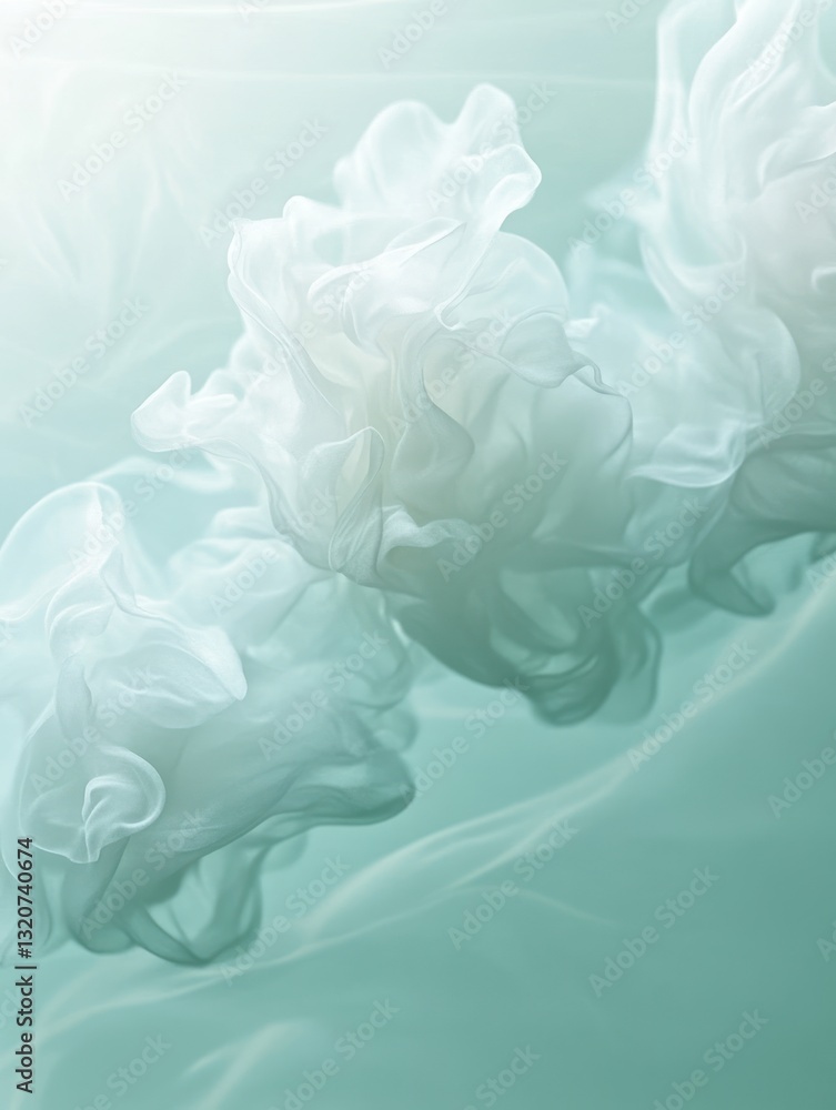 Poster ethereal fabric underwater swirling gracefully in teal abstract smooth backdrop soft dreamy atmosphe