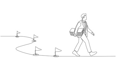 Continuous one line drawing of businessman holding money walking on investment path, investment milestones, business journey concept, single line art
