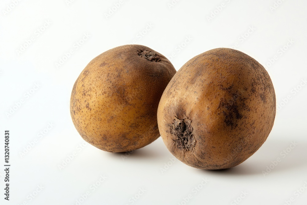 Poster Two Delicious Sapodilla Fruits Displayed on a White Plain Background with Natural Texture and Warm Tones