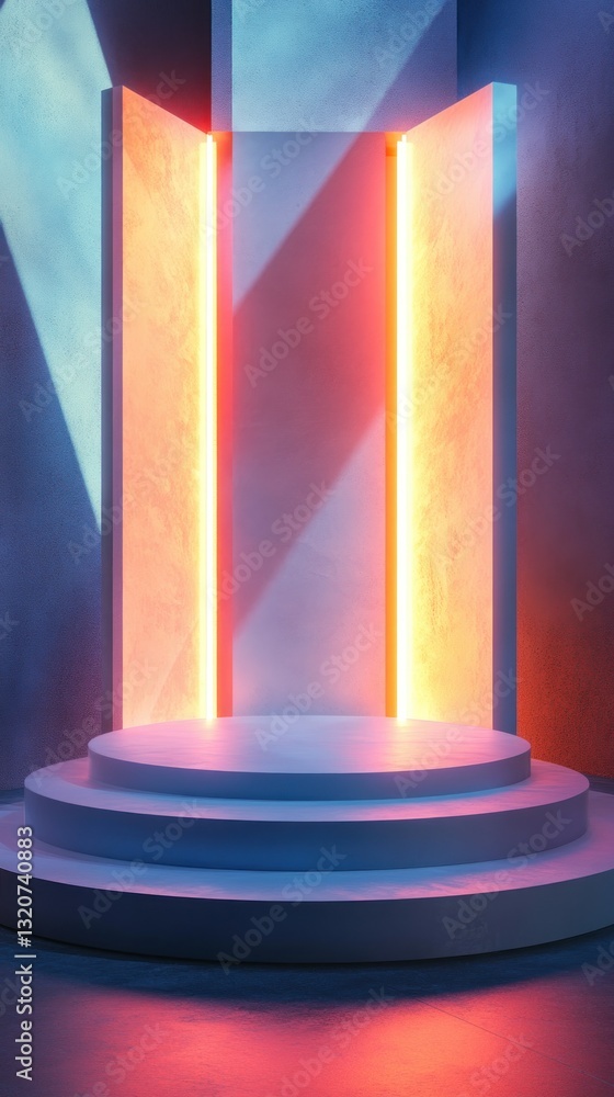 Aufkleber Abstract Podium Stage illuminated with radiant Neon Lights modern backdrop for product display