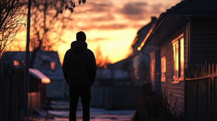 Fototapeta premium A person standing in the middle of a street during sunset, with a warm orange glow