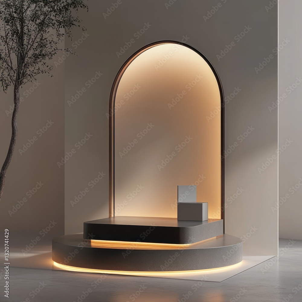 Leinwandbilder platform with arched backdrop and ambient lighting a product presentation with natural elements