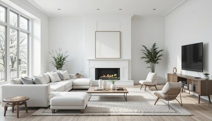Fototapeta premium Bright living room with white sectional sofa, fireplace, and television. Modern design for cozy home atmosphere and relaxation.