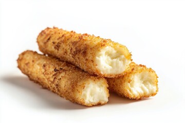 Three tempting mozzarella sticks with golden crispy breading on white surface savory snack perfect studio shot