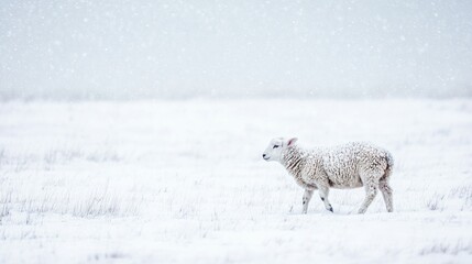Fototapeta premium A lone lamb walks through a snowy field during a light snowfall