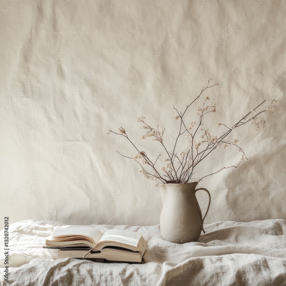 Poster open books and dried flowers in a beige pitcher create a calm and minimalist aesthetic setting for r