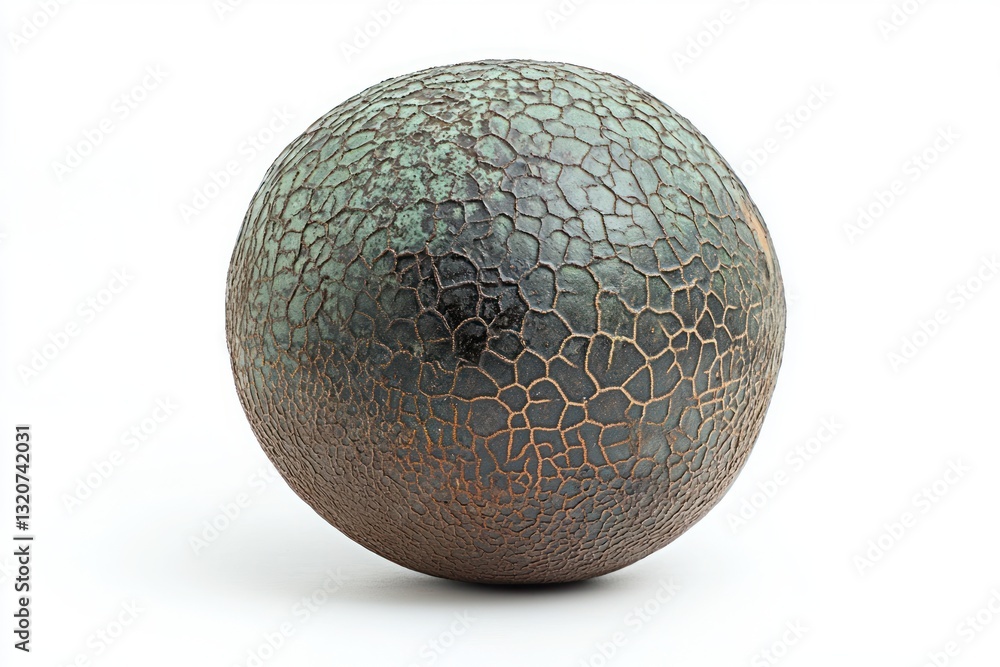Poster spherical textured dark green object on white backdrop artful cracked surface round form pattern