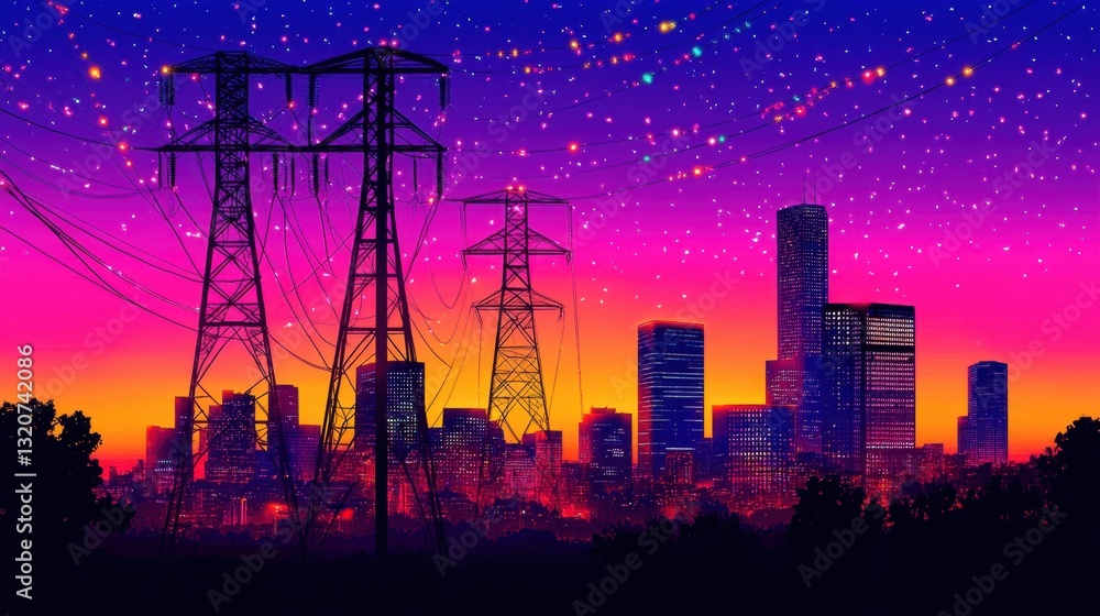 Aufkleber a glowing smart grid visualization with data flowing across a cityscape silhouette