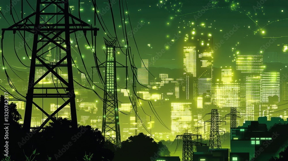 Poster a glowing smart grid visualization with data flowing across a cityscape silhouette