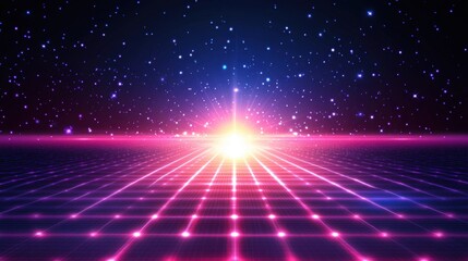A glowing technology grid background with a perspective vanishing point and neon highlights