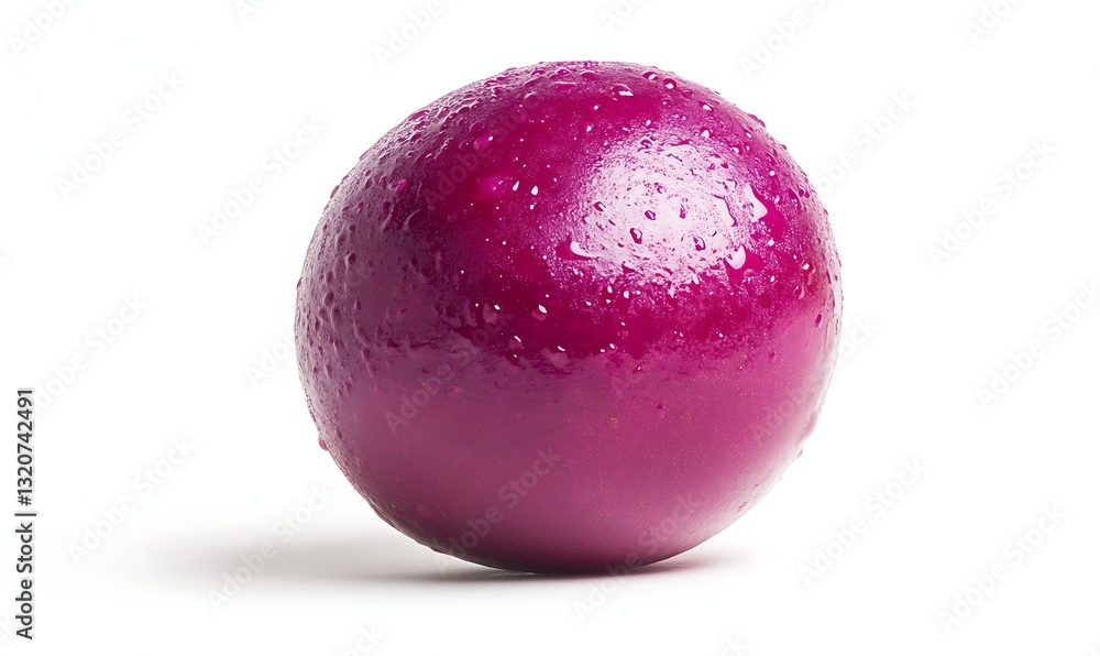 Poster shiny purple spherical object with a smooth surface and droplets of water.