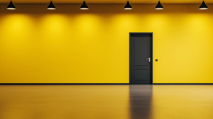 Minimalist and modern interior design featuring a vibrant yellow wall, a contrasting black door, and subtle ceiling lights creating a warm ambiance