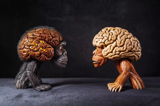 Comparison of primitive and modern brains highlighting evolutionary development in cognitive abilities