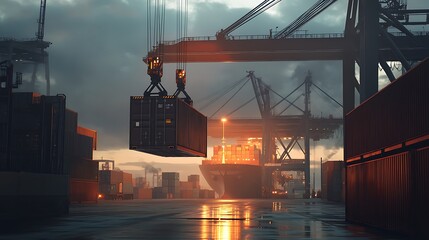Cargo Ship Container Crane Loading Dock Sunset