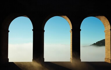 Stone Archways Framing Misty Landscape Under Blue Sky
