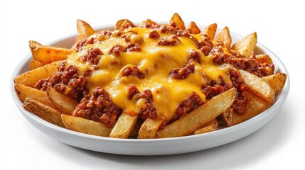 Tempting presentation of golden potato wedges smothered with rich chili and melted cheese delighting taste buds